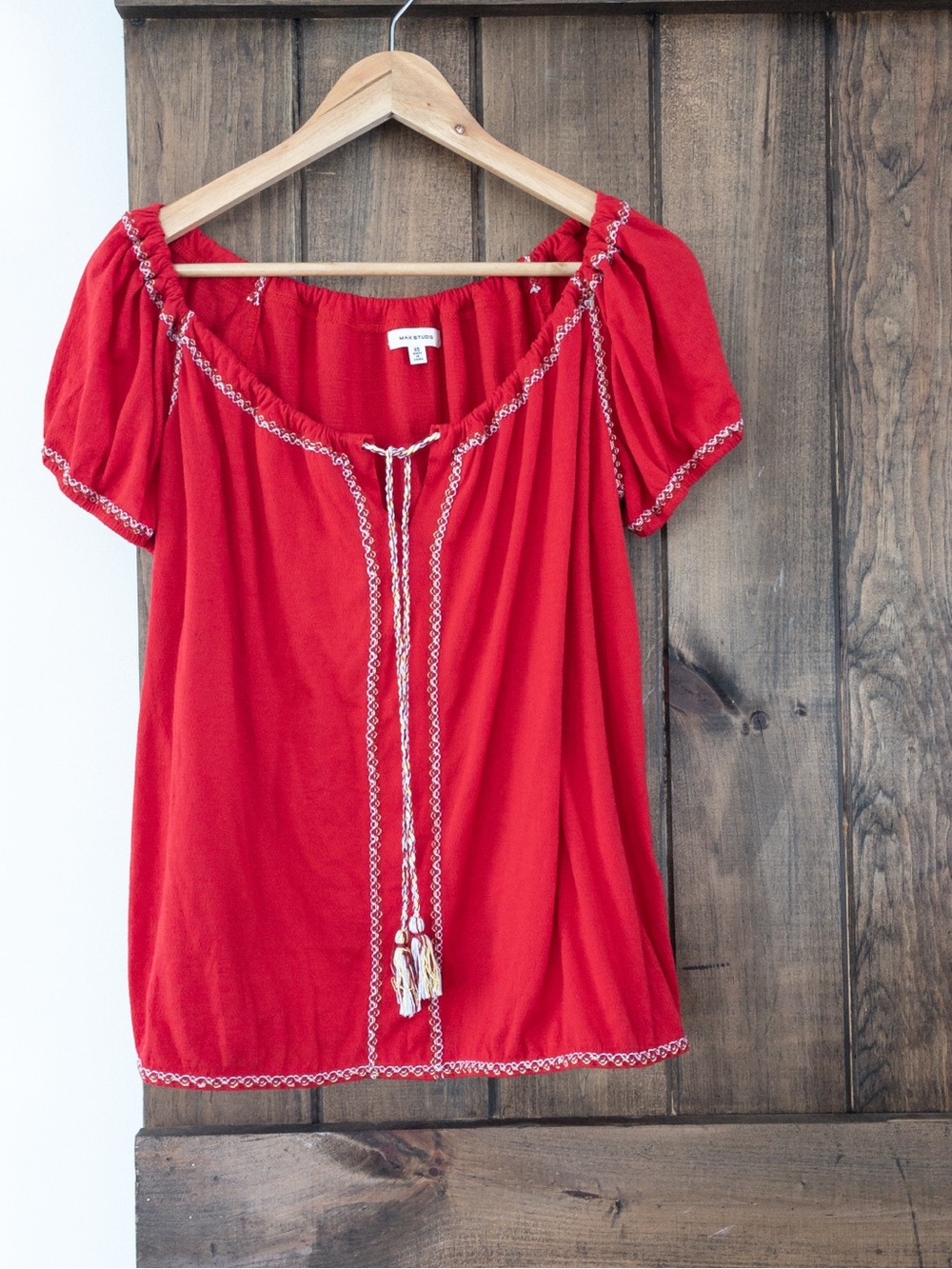 Max Studio Red Embroidered Tassel Tie Peasant Top Boho Ren Faire Oversized XS